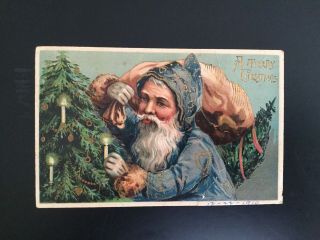 Vintage 1910 Postcard,  Santa,  Blue Coat Trimmed In Gold,  Gray Gloves,  Pbf 7312