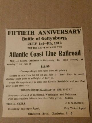 1913 50th Anniversary Battle Of Gettysburg Atlantic Coast Line Railroad Ad