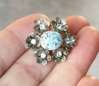 Edwardian Vintage Czech Jewellery Turquoise Cabochon Silver Floral Brooch Pin