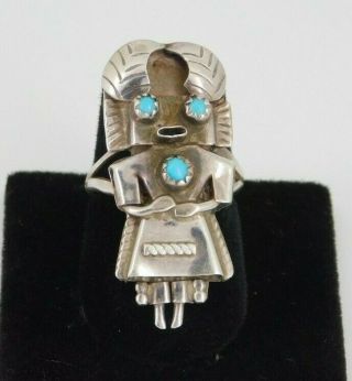 Vintage Southwestern Sterling Silver Turquoise Kachina Doll Ring Size 7