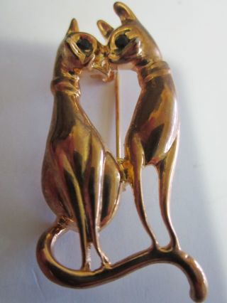 Vintage Gold Tone Cat Brooch Pin " Siamese Lovers "