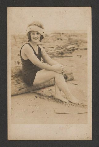 Lqqk Vintage 1920s Postcard,  Old School Bathing Beauty 1