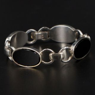 Vtg Sterling Silver - Modernist Onyx Oval Chain Link 7 " Bracelet - 36g