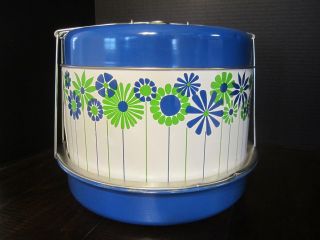 Vintage Dinex Metal Triple Decker Food Carrier Tin Thermos Bowl Blue Green Wht