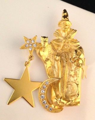 Vintage Kirks Folly Gold Pin Brooch Wizard Moon Star Crystals Merlin 8a