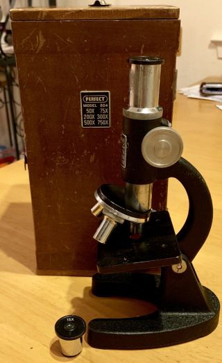 Vintage Microscope Perfect Model 804 Wood Box Still 1970’s