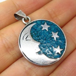 Vtg Mexico 925 Sterling Silver Inlay Crescent Moon Face Pendant