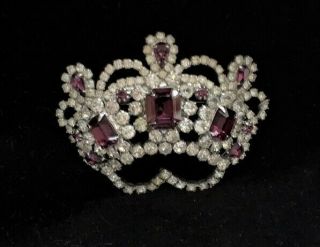 Vintage Estate Large Ornate Crown Pin Brooch Purple Clear Rhinestone Silver Tone