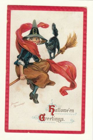 Early Vintage Embossed Halloween Greetings Witch & Black Cat Signed Brundage 120