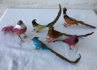 6 Vintage Spun Cotton Birds W/feathers Christmas Tree Ornaments Wire Feet Craft