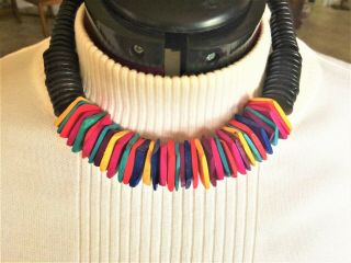 Vintage Wooden Choker Necklace With Colorful Squares And Black Discs
