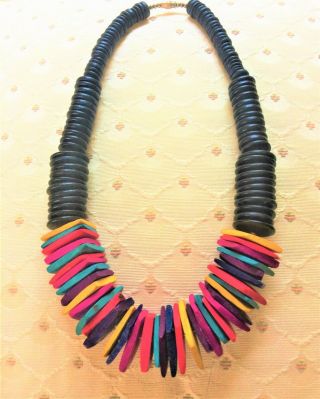 Vintage Wooden Choker Necklace with Colorful Squares and Black Discs 2