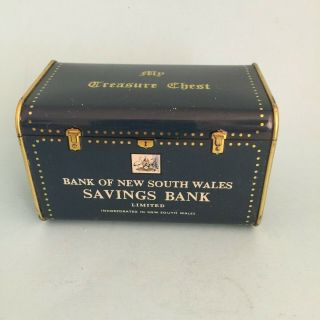 Old Tin Vintage Money Box Bank Of Nsw Savings Treasure Chest With Coins