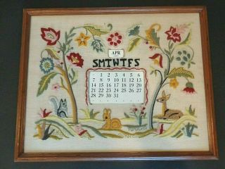Vintage Framed Embroidery Crewel Perpetual Eternal Calendar Jacobean Floral Deer