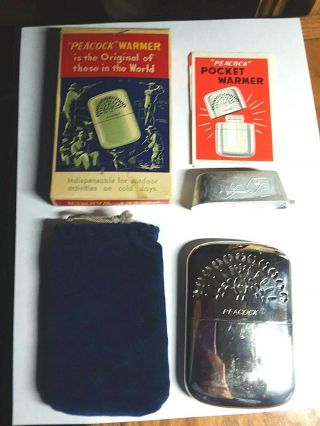 Vintage Peacock Pocket Warmer In Orginal Box,  Instructions,  Felt Pouch,  Pourer