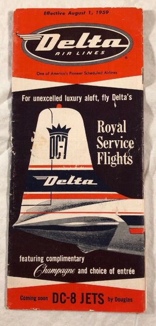 Vintage 1959 Delta Airlines Flight Schedule Timetable Dc - 7 Jets Airplane Douglas