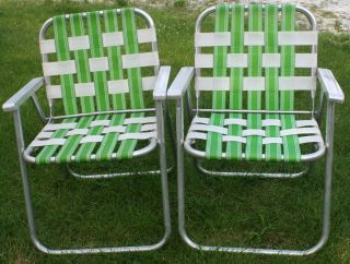 2 Vintage Mid Century Aluminum Chair Folding Lawn Patio Pair Green Wht Webbing