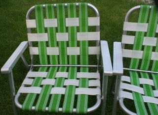 2 Vintage Mid Century Aluminum Chair Folding Lawn Patio Pair Green Wht Webbing 2