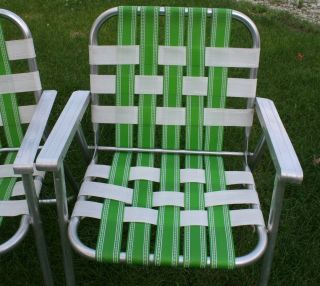 2 Vintage Mid Century Aluminum Chair Folding Lawn Patio Pair Green Wht Webbing 3
