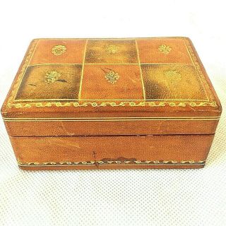 Florentine Leather Wrapped Wood Box Moire Fabric Gold Gilt Tooled Top Vtg