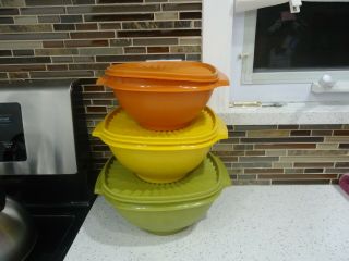 Set Of 3 Vintage Tupperware Harvest Nesting Servalier Bowls/lids 836,  838,  858