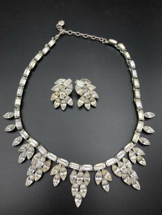 Vintage Rhinestone Necklace Earrings Set Clear Crystal Silver Tone 1950’s