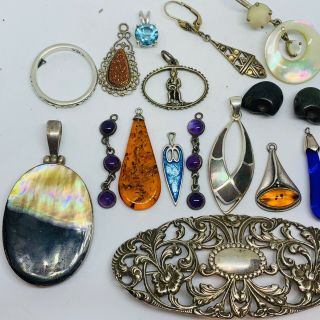 Antique & vintage sterling silver drops and brooches jewellery joblot 3