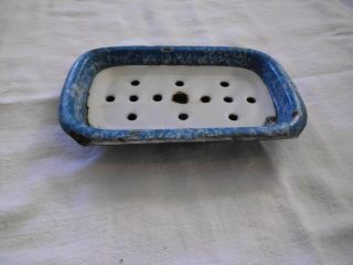 Vintage Blue And White Enamelware Graniteware Soap Dish With Insert