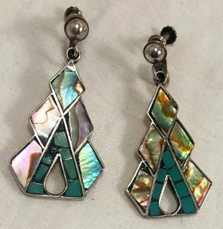 Vintage Mexico 925 Sterling Silver Dangle Earrings Abalone & Turquoise Signed Ll