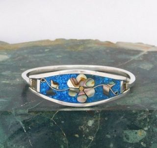 Mexican Abalone Bracelet Alpaca Silver 6 - 1/4 " Vtg Hinged Blue Stone Inlay Aa4