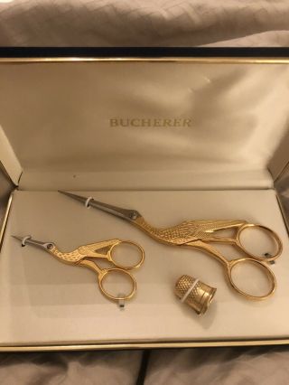 Vintage Box Set Of 2 Scissors Sewing Thimble Gold Washed Bucherer Figural Swan