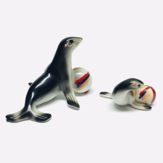 Vintage Porcelain Bone China Miniature Seal Sea Lion With Beach Ball Figurines 2