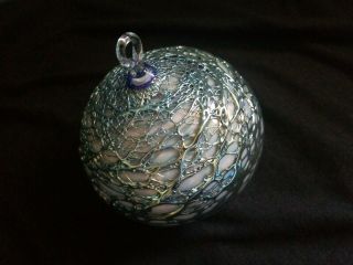Vintage Signed 1993 Handblown Studio Art Glass Xmas Ball Ornament Blue & Silver
