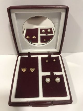 Vintage Set Of 3 Boxed 9ct Gold Earrings Studs - Hearts,  Ball Studs And Pearls.