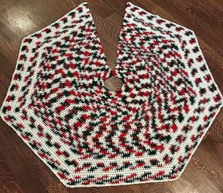 Handmade Knit Crocheted Christmas Tree Skirt White Red & Green Vintage Holiday
