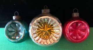 3 Vintage Mercury Glass Indented Christmas Tree Ball Ornament Stamped U.  S.  Of A