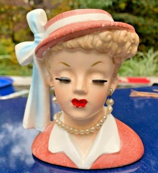 Vintage Napco Lady Head Vase C3342b Japan 1958 Pink Hat Pearl Earrings