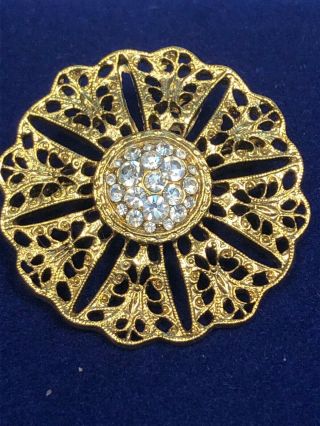 Vintage Pin Brooch Shiny Gold Daisy Flower W/ Clear Rhinestone Center