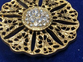 Vintage Pin Brooch Shiny Gold Daisy flower W/ Clear Rhinestone Center 2