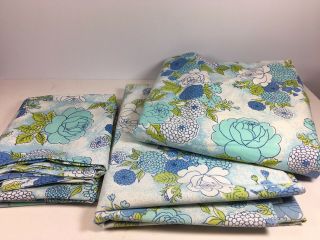 Full Sheet Pillowcases Set Vintage Lady Pepperell Blue Zinnias Floral Double