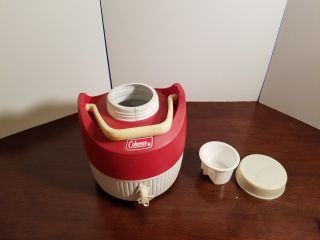 Vintage Coleman Red White Plastic 1 Gallon Cooler Jug Water With Cup Camping