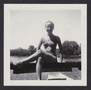 Boat Dock Crossed Legs 2 Piece Swimsuit Old/vintage Photo Snapshot - D75