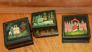 3 Lacquer Trinket Jewelry Boxes Hand Made Painted Russia Hinged Castles Vintage