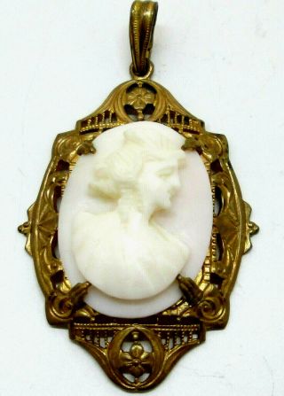 Vintage Victorian Edwardian Carved Shell Cameo Brass Angelskin Pendant Necklace