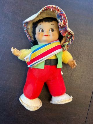 Vintage Rushton Star Creation 12 " Rubber Faced Girl Doll Clothed Sombrero Hat