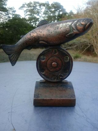 Vintage 1974 Trout On Fly Reel Bronze One Single Bookend Trout Unlimited Bmc