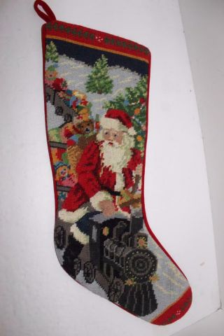 Vintage Handmade Wool Needlepoint Christmas Stocking Santa Train Toys - Wonderful