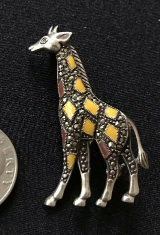 Vintage Marcasite Enamel Giraffe Art Deco Nouveau 925 Sterling Silver Brooch Pin