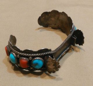 Vintage Native American Sterling Silver Turquoise Coral Watch Cuff Signed B