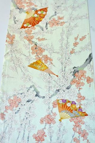 Vintage Japanese Kimono Silk Fabric| Pale Green Rinzu Fan Flower 66 " | Panel